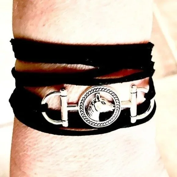 Tie Wrap Horse Bit Silver Bracelet Cuff Yoga Boho Cowboy Vegan Faux Leather - Picture 3 of 4
